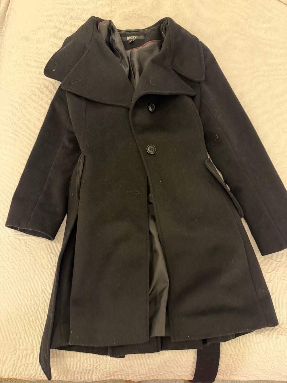 DKNY Black Long Women's Pea Coat with Wide Collar